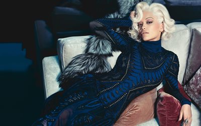 Rita Ora, 4k, azul vestido de luxo, sess&#227;o de fotos, Cantora brit&#226;nica, mulher bonita, loira, make-up, retrato