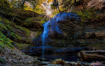 waterfall, rock, forest, sun rays, spring, water, mountain waterfall