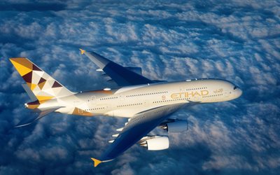 4k, el Airbus A380, cielo, nubes, avi&#243;n de pasajeros, el A380, la aviaci&#243;n civil, Airbus