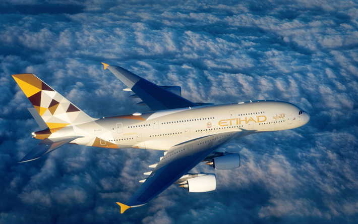 4k, Airbus A380, sky, clouds, passenger plane, A380, civil aviation, Airbus