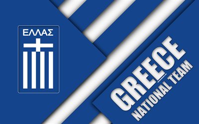 Grecia squadra nazionale di calcio, 4k, emblema, il design dei materiali, blu, bianco astrazione, logo, calcio, Grecia, stemma, Federazione calcistica Ellenica