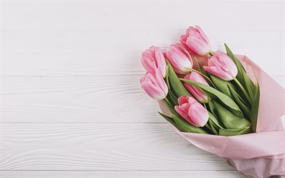 tulipas cor-de-rosa, buqu&#234; de flores do campo, belas flores cor de rosa, tulipas
