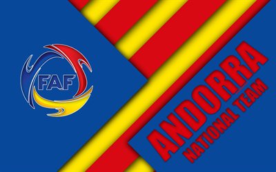 Andorra national football team, 4k, emblem, material design, blue red abstraction, logo, football, Andorra, coat of arms, Andorran Football Federation
