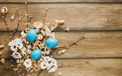 春, イースター, 木の背景, 青いイースターの卵, 春の花