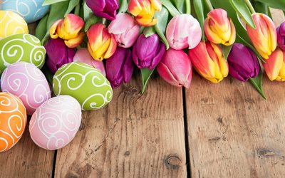 Multicolored easter eggs, tulips, spring flowers, Happy Easter, April 2018, wooden background, spring