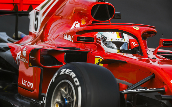 HALO, Sebastian Vettel, close-up, Ferrari SF71H, 4k, 2018 voitures, la Scuderia Ferrari, circuit de course, Formule 1, la nouvelle ferrari f1, F1, nouveau cockpit protection, SF71H, Ferrari, Ferrari 2018