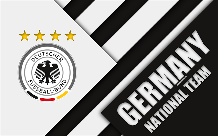 deutschland-fu&#223;ball-nationalmannschaft, 4k, emblem, material-design, wei&#223; schwarz abstraktion, logo, fu&#223;ball, deutschland, wappen, fussball-verein