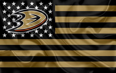 Anaheim Ducks, American hockey club, American creative flag, black gold flag, NHL, Anaheim, California, USA, logo, emblem, silk flag, National Hockey League, hockey