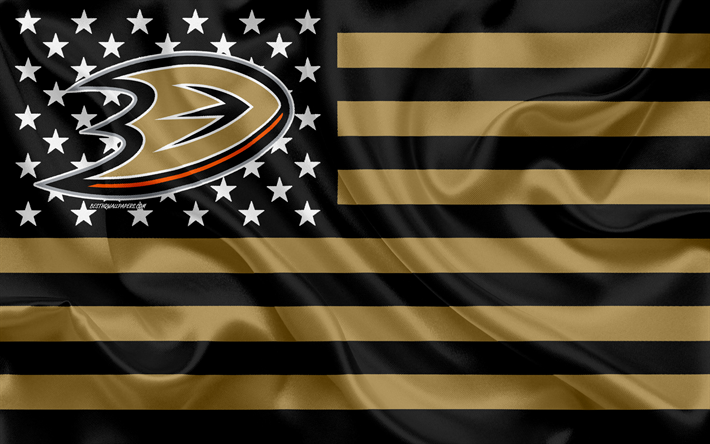 Anaheim Ducks, American hockey club, Amerikansk kreativa flagga, svart guld flagga, NHL, Anaheim, Kalifornien, USA, logotyp, emblem, silk flag, National Hockey League, hockey