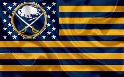 Buffalo Sabres, American hockey club, American creative flag, blue yellow flag, NHL, Buffalo, New York, USA, logo, emblem, silk flag, National Hockey League, hockey