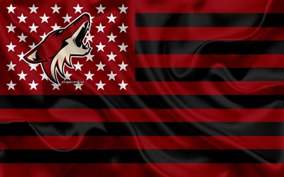 Arizona Coyotes, de la American hockey club, American creativo de la bandera, la roja bandera negra, NHL, Glendale, Arizona, estados UNIDOS, logotipo, emblema, bandera de seda, Liga Nacional de Hockey, hockey