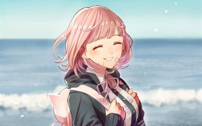 Chiaki Nanami, girl with pink hair, manga, Danganronpa 3, sea, artwork, Danganronpa, Nanami Chiaki