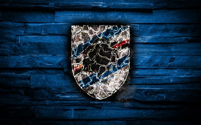 Sampdoria FC, fiery logo, Serie A, blue wooden background, italian football club, grunge, UC Sampdoria, football, soccer, Sampdoria logo, fire texture, Italy