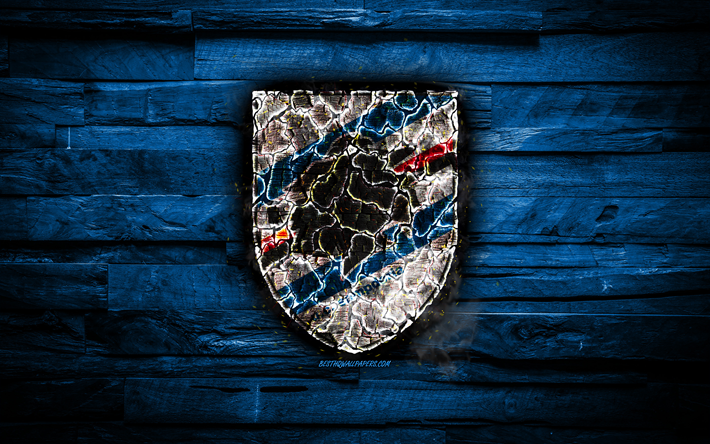 Sampdoria FC, logo fiery, Serie A, blu sfondo di legno, il calcio italiano di club, grunge, UC Sampdoria, calcio, Sampdoria, logo, texture del fuoco, Italia