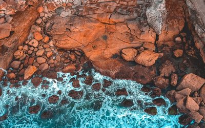 el rock, el oc&#233;ano, la Playa de Bondi beach, vista A&#233;rea, de la costa, las olas, vista desde arriba, S&#237;dney, Nueva Gales del Sur, Australia