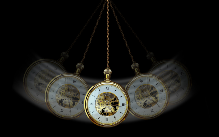 古金懐中時計, 時間概念, 催眠術の概念, 腕時計黒背景, ゴールドウォッチ