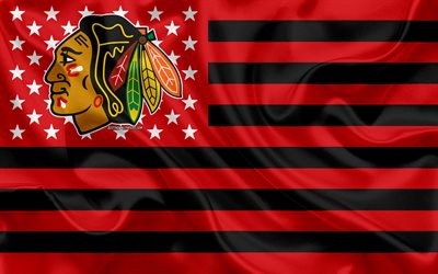 Chicago Blackhawks, Amerikan hokey kul&#252;b&#252;, yaratıcı Amerikan bayrağı, kırmızı siyah bayrak, NHL, Chicago, Illinois, ABD, logo, amblem, ipek bayrak, Ulusal Hokey Ligi, hokey