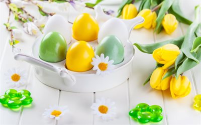 黄色のイースターの卵, 明るいイースターの背景, 春, イースター, 休日, 塗装卵