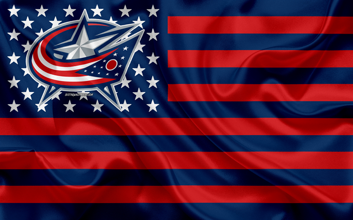 Columbus Blue Jackets, Am&#233;ricaine de hockey club, American creative drapeau, bleu, drapeau rouge, la LNH &#224; Columbus, Ohio, &#233;tats-unis, le logo, l&#39;embl&#232;me, le drapeau de soie, la Ligue Nationale de Hockey, de hockey