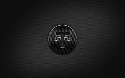 Tether black logo, cryptocurrency, grid metal background, Tether, artwork, creative, cryptocurrency signs, Tether logo