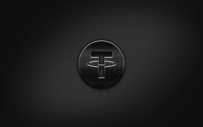 Tether logotipo preto, cryptocurrency, grade de metal de fundo, Tether, obras de arte, criativo, cryptocurrency sinais, Tether logotipo