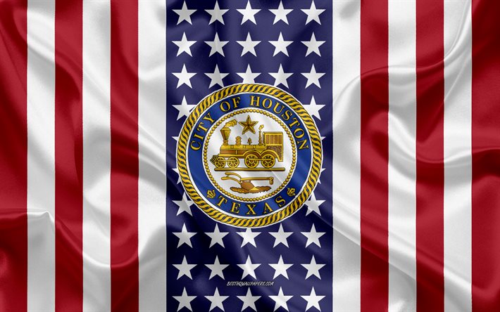 Houston T&#228;tning, 4k, siden konsistens, Amerikanska Flaggan, USA, Houston, Texas, Amerikansk Stad, T&#228;tning av Houston, silk flag