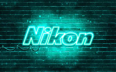 Nikon turquoise logo, 4k, turquoise brickwall, Nikon, logo, marques, Nikon n&#233;on logo