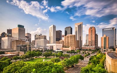 Houston, kv&#228;ll, skyskrapor, moderna byggnader, park, Houston stadsbilden, Texas, USA