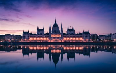 Palazzo del Parlamento ungherese, Budapest, sera, tramonto, paesaggio urbano, Fiume Danubio, punto di riferimento, l&#39;Ungheria, il Parlamento di Budapest
