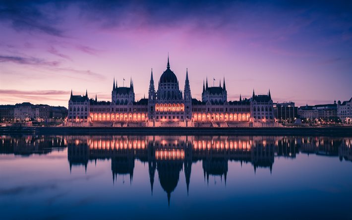 Budapeşte Macaristan Parlamento Binası, Budapeşte, akşam, G&#252;n batımı, şehir, Tuna Nehri, d&#246;n&#252;m noktası, Macaristan, Parlamento