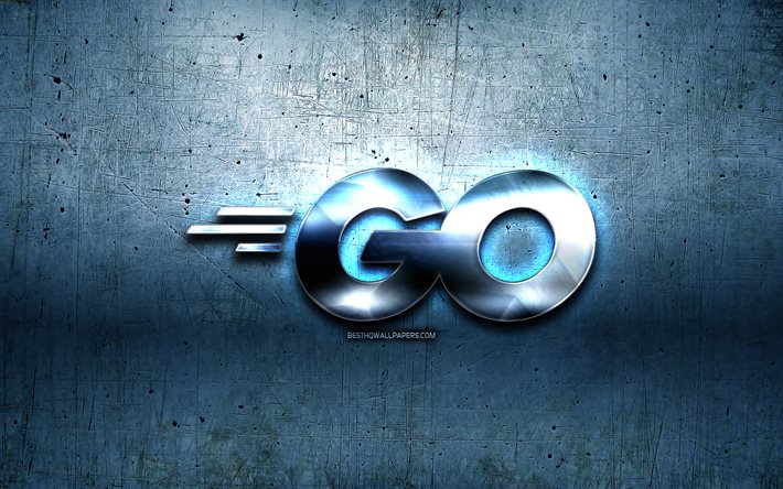 Go金属のロゴ, グランジ, プログラミング言語の看板, 青色の金属の背景, 碁, 創造, プログラミング言語, 行マーク