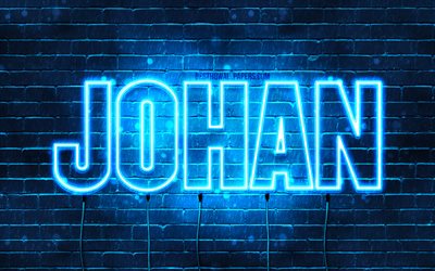 Johan, 4k, sfondi per il desktop con i nomi, il testo orizzontale, Johan nome, neon blu, immagine con nome Johan