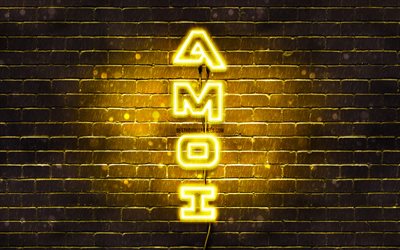 4K, Amoi yellow logo, vertical text, yellow brickwall, Amoi neon logo, creative, Amoi logo, artwork, Amoi