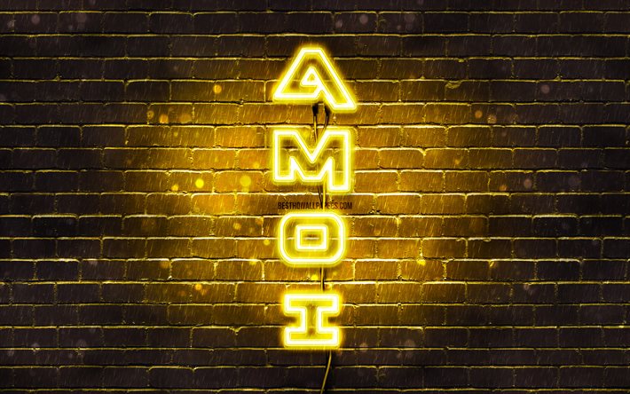 4K, Amoi keltainen logo, pystysuora teksti, keltainen brickwall, Amoi neon-logo, luova, Amoi logo, kuvitus, Amoi