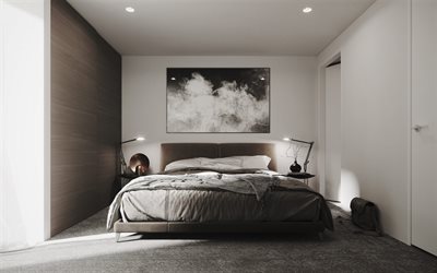 stylish bedroom interior design, dark wood panels on the wall, bedroom, modern interior design, painting on the wall with smoke