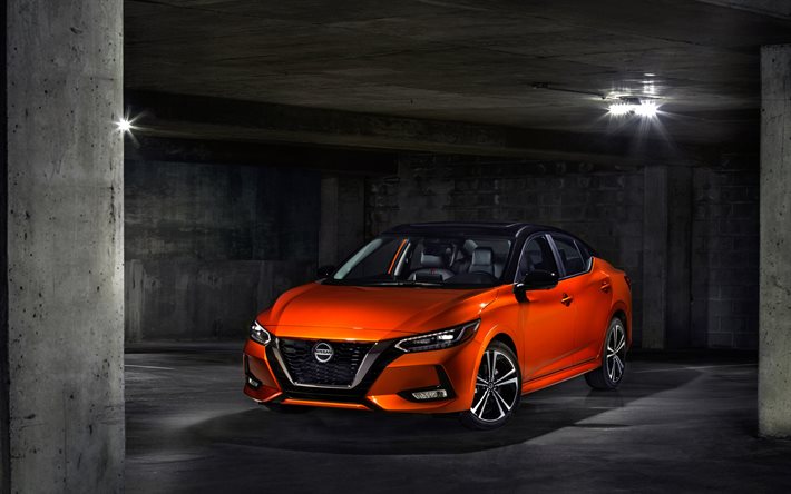 Nissan Sentra, 2020, vue de face, &#224; l&#39;ext&#233;rieur, orange berline, orange Sentra, les voitures japonaises, Nissan