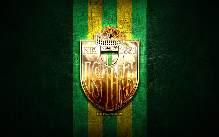 istra 1961 fc, logotipo dorado, hnl, fondo de metal verde, f&#250;tbol, ​​club de f&#250;tbol croata, logotipo de istra 1961, ​​nk istra 1961