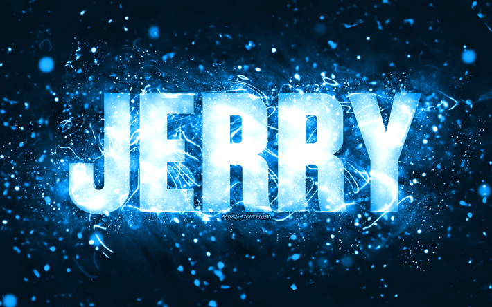 عيد ميلاد سعيد جيري, 4k, أضواء النيون الزرقاء, اسم جيري, خلاق, عيد ميلاد جيري, أسماء الذكور الأمريكية الشعبية, صورة باسم جيري, جيري