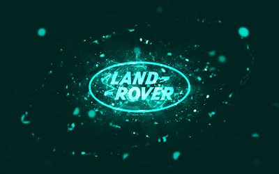 land rover t&#252;rkisfarbenes logo, 4k, t&#252;rkisfarbene neonlichter, kreativer, t&#252;rkisfarbener abstrakter hintergrund, land rover logo, automarken, land rover