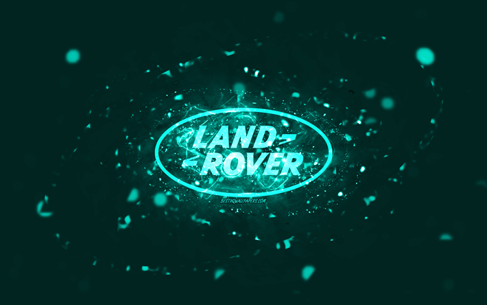 Land Rover turquoise logo, 4k, turquoise neon lights, creative, turquoise abstract background, Land Rover logo, cars brands, Land Rover