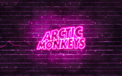 logo violet arctic monkeys, 4k, groupe de rock britannique, stars de la musique, mur de briques violet, logo arctic monkeys, logo n&#233;on arctic monkeys, arctic monkeys
