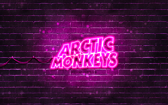arctic monkeys roxo logotipo, 4k, banda de rock brit&#226;nica, estrelas da m&#250;sica, roxo brickwall, arctic monkeys logotipo, arctic monkeys neon logotipo, arctic monkeys