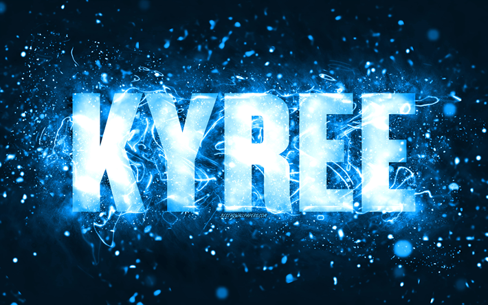 feliz anivers&#225;rio kyree, 4k, luzes de neon azuis, kyree nome, criativo, kyree feliz anivers&#225;rio, kyree anivers&#225;rio, nomes masculinos americanos populares, imagem com nome kyree, kyree