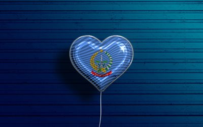 I Love South Sulawesi, 4k, realistic balloons, blue wooden background, Day of South Sulawesi, indonesian provinces, flag of South Sulawesi, Indonesia, balloon with flag, Provinces of Indonesia, South Sulawesi flag, South Sulawesi