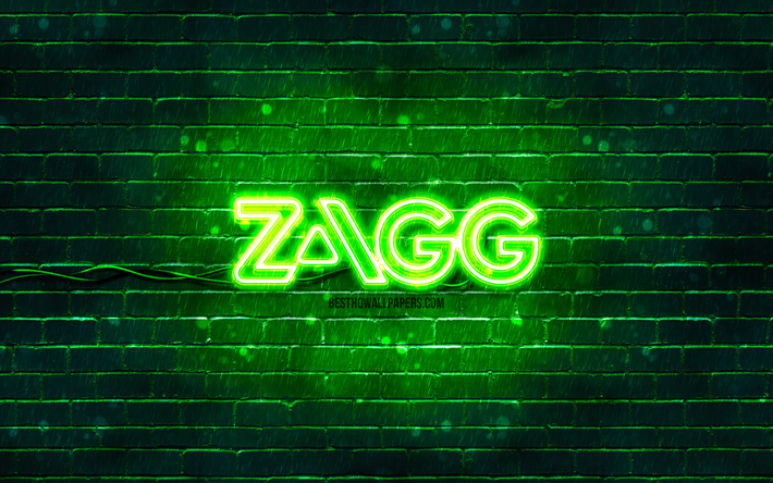 zaggの緑のロゴ, 4k, 緑のレンガの壁, zaggのロゴ, ブランド, ザッグネオンロゴ, ザッグ