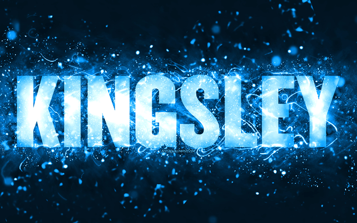 buon compleanno kingsley, 4k, luci al neon blu, nome kingsley, creativo, kingsley buon compleanno, kingsley compleanno, nomi maschili americani popolari, foto con nome kingsley, kingsley