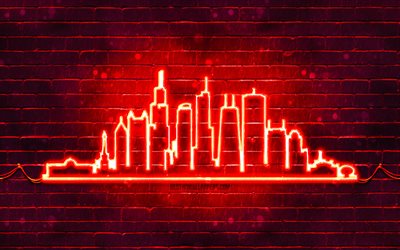 chicago silhueta de neon vermelho, 4k, luzes de neon vermelho, chicago skyline silhueta, amarelo brickwall, cidades americanas, neon skyline silhuetas, eua, chicago silhueta, chicago