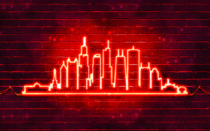 Chicago red neon silhouette, 4k, red neon lights, Chicago skyline silhouette, yellow brickwall, american cities, neon skyline silhouettes, USA, Chicago silhouette, Chicago