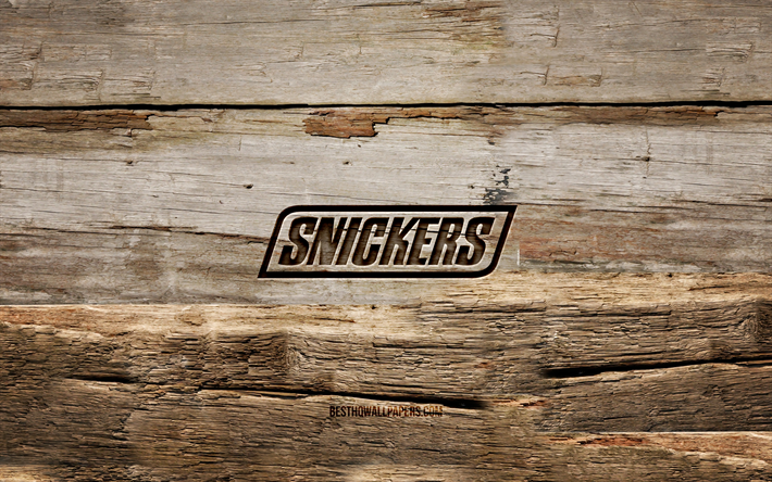 Snickers wooden logo, 4K, wooden backgrounds, brands, Snickers logo, creative, wood carving, Snickers