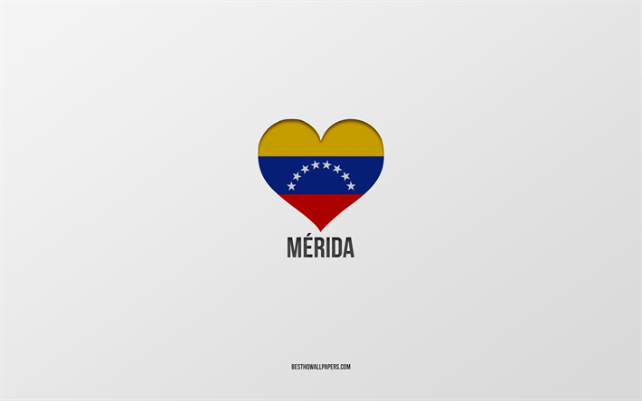 amo merida, citt&#224; del venezuela, giorno di merida, sfondo grigio, merida, venezuela, cuore della bandiera venezuelana, citt&#224; preferite, love merida